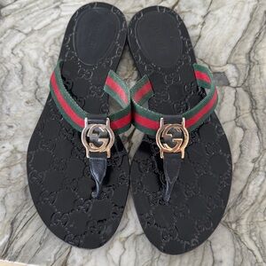 Gucci Black Sandal with Green-Red Webbing and Gold Double G size 38